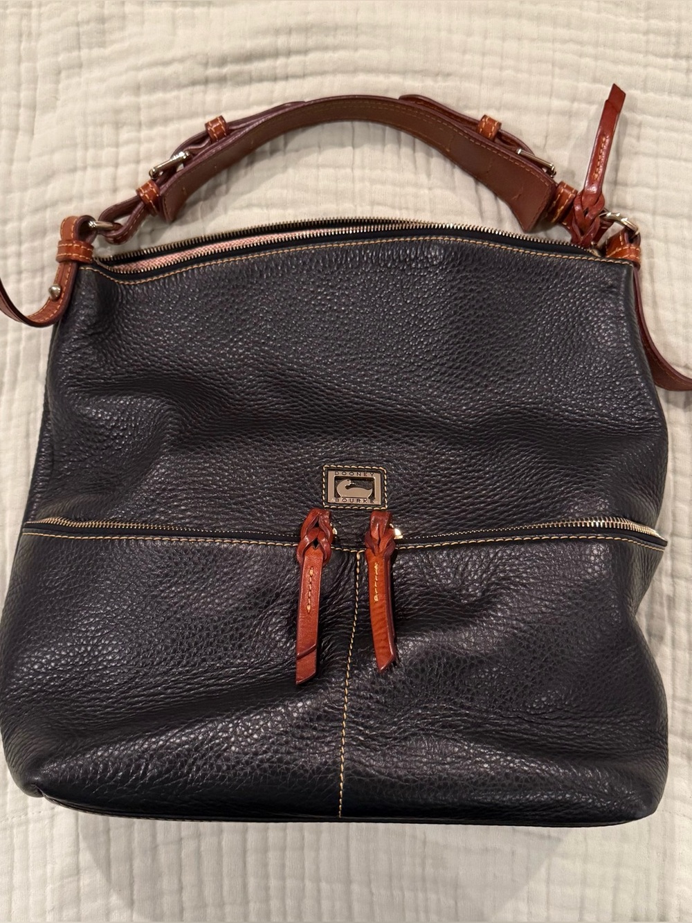 Dooney & Bourke Black Pebble-Grain Leather Bag w/Tan Trim & Gold-tone Hardware